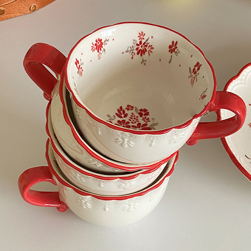 Vintage Coffee Equipment - Vintage red floral underglaze relief lace